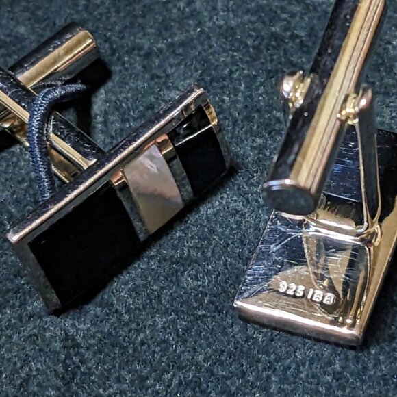Sterling Silver Onyx and Mother of Pearl Rectangle Cufflinks NEW! - Picture 2 of 4